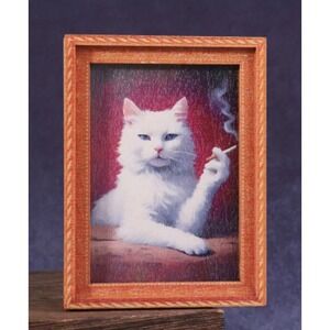 Miniature Smoking White Cat Framed Art Print 3.1" x 2.4" Magnet Magnetic Decor